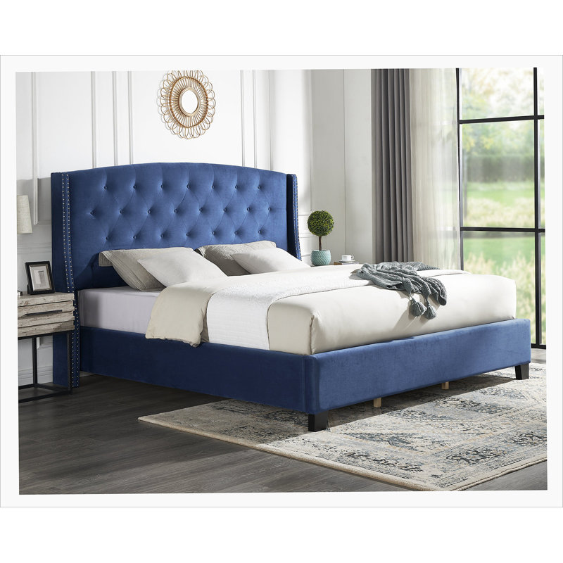Red Barrel Studio Summit Fabric Button Tufted Wingback Upholstered Bed with Nail Head Trim Blue Wayfair